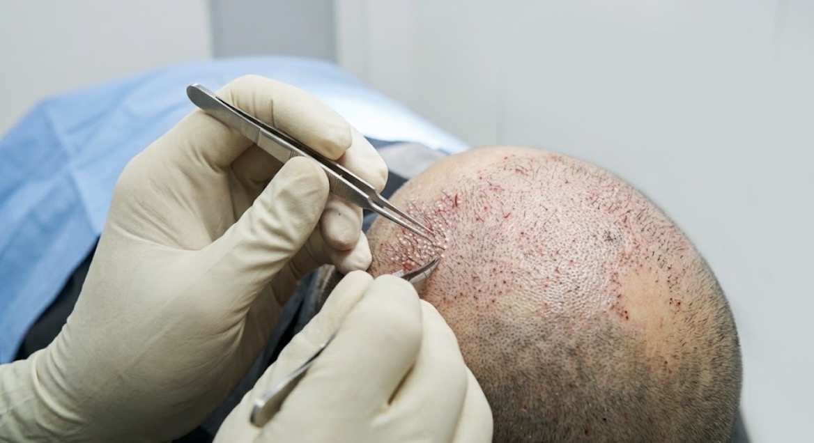 Close-up of careful hair graft placement during a hair restoration procedure